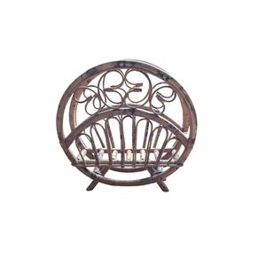 Vintage MCM Rattan Magazine Rack Burnt Bamboo Boho Circle Record Holder 16.5in